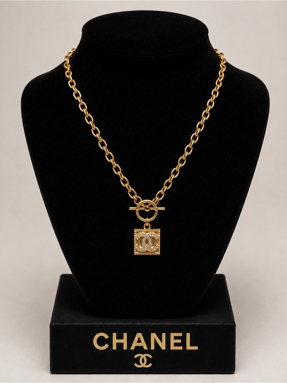 CHANEL Gold Chain Necklace with Square CC Pendant